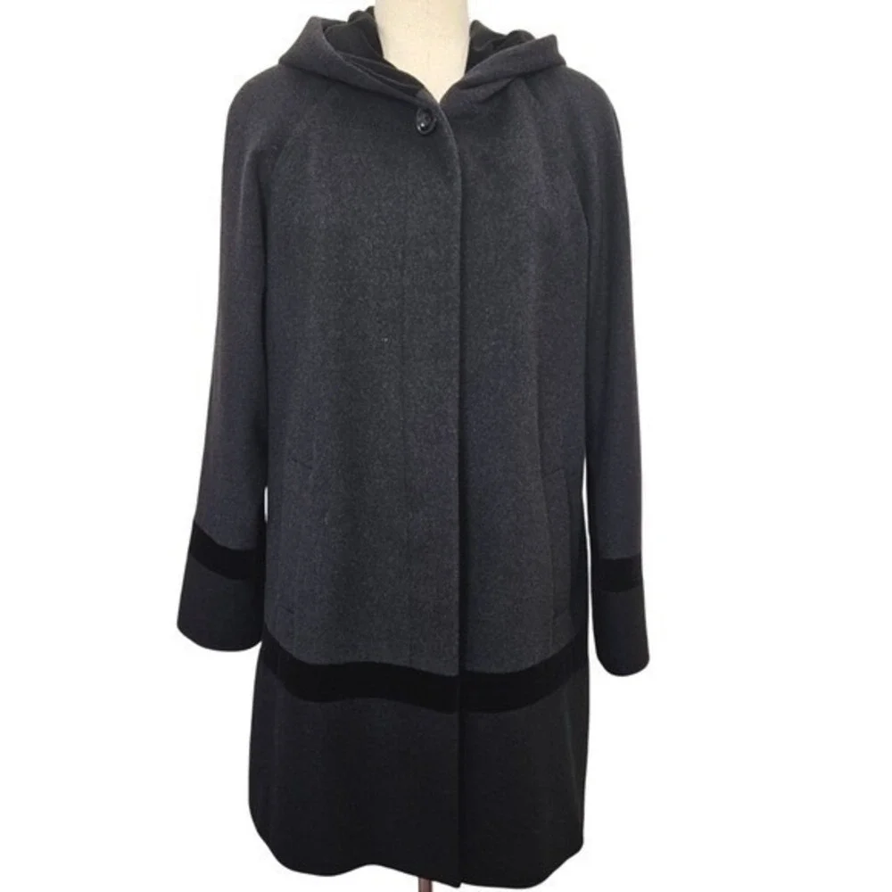 Forecaster of Boston Women's Charcoal Wool Blend Hooded Coat Velvet Trim Size 10